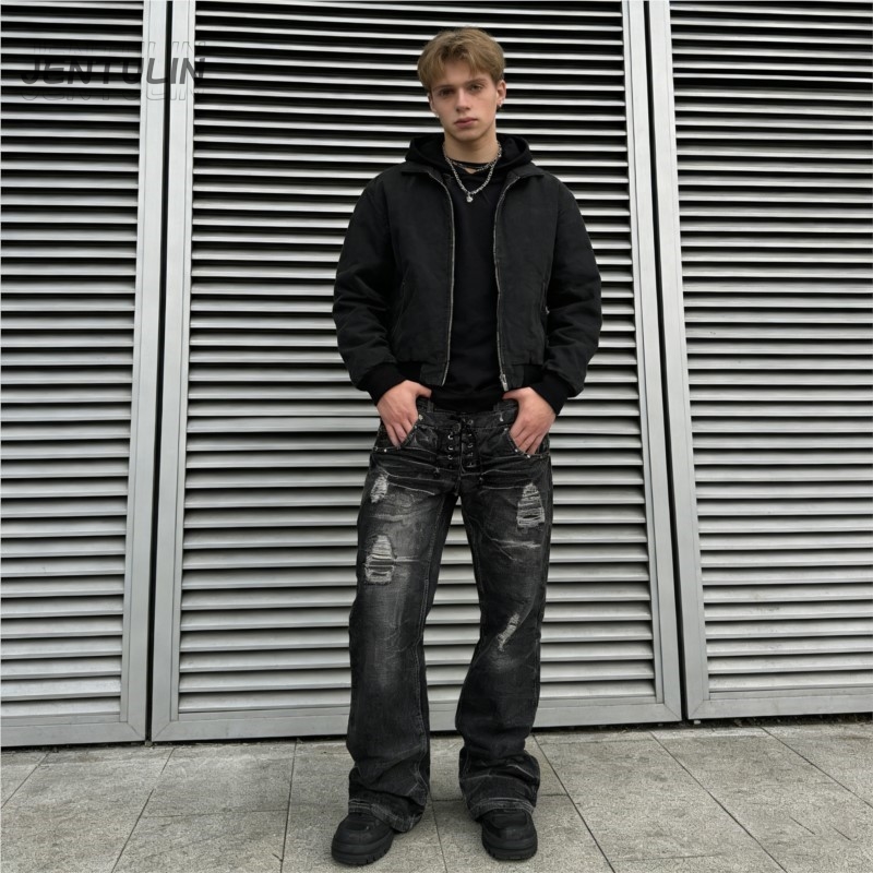 Men'S Fashion Jeans And Boots - Y2K Retro Kot Pantolon Yıpranmış Yıkanmış