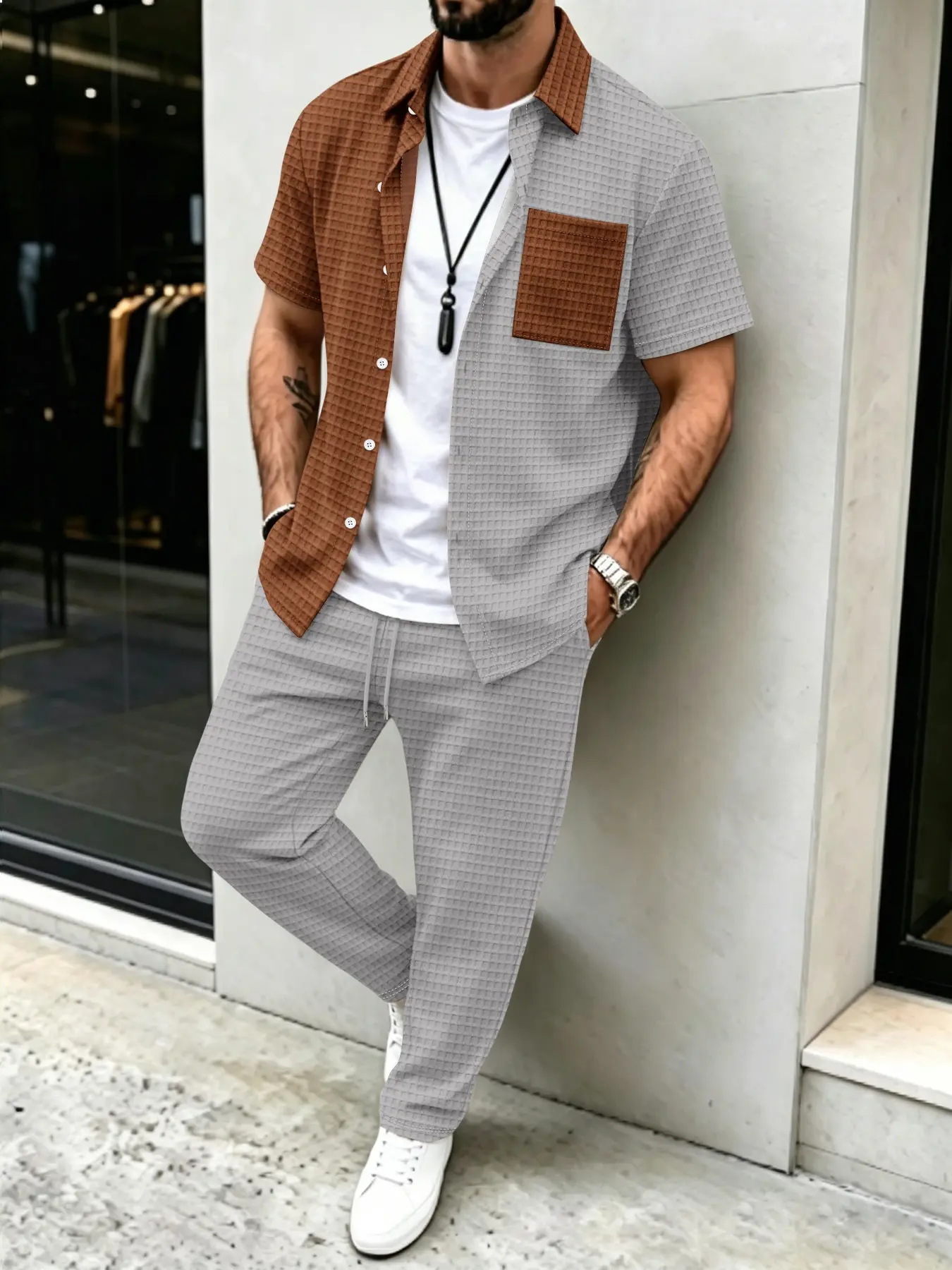 Men'S Fashion Everyday - Erkek Düz Waffle Desenli Günlük, Renk